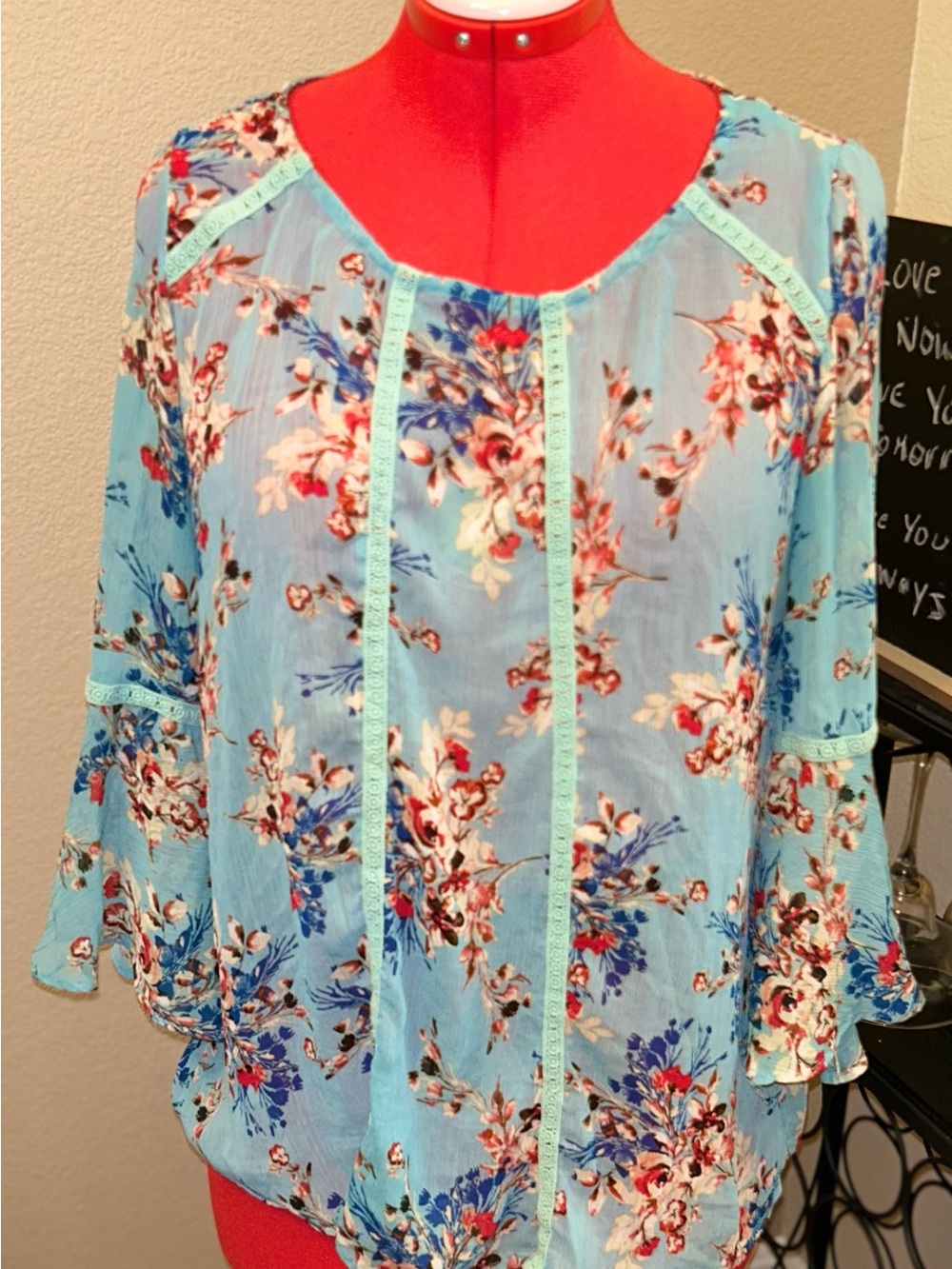 Sara Michelle Light Blue Floral Sheer Blouse Size Large